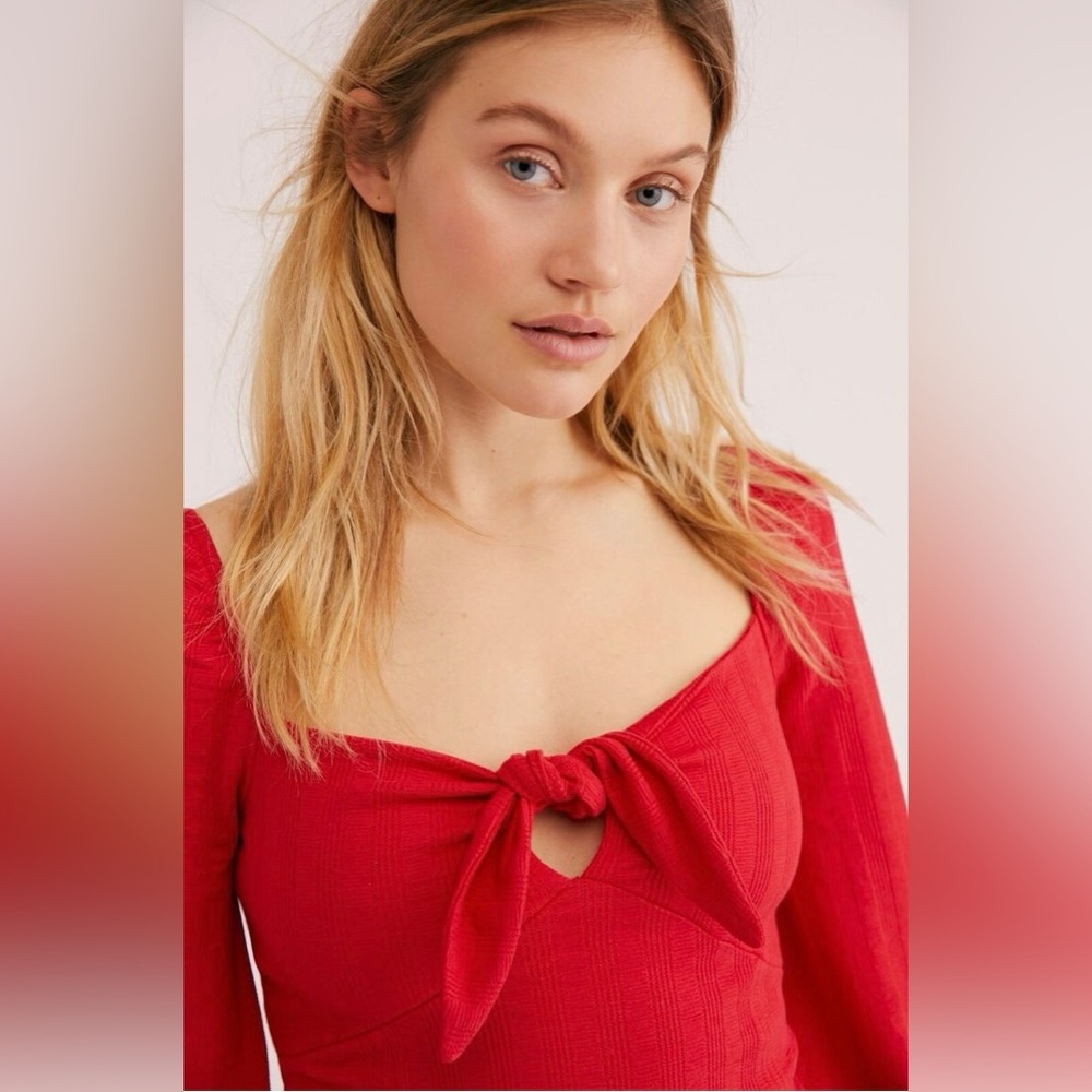 Free People It’s A Date Ribbed Long Sleeve Top Red Size Large - Picture 3 of 9
